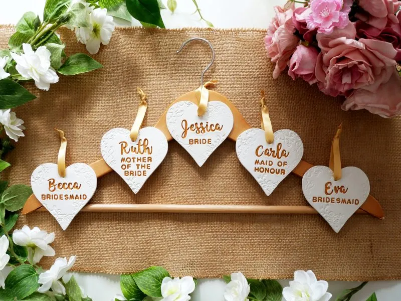 Personalised Wedding Day Heart Shaped Clay Dress Hanger Tags / Keepsake - Script and Block Font