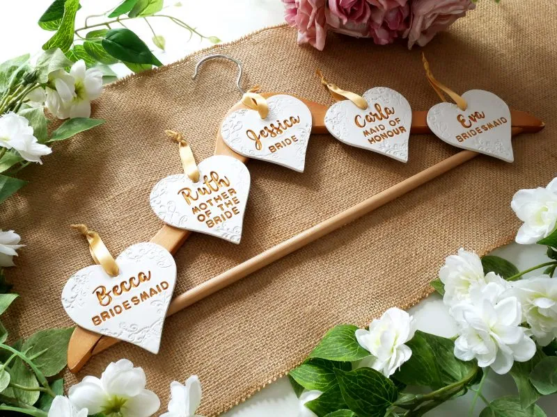 Personalised Wedding Day Heart Shaped Clay Dress Hanger Tags / Keepsake - Script and Block Font - Image 2