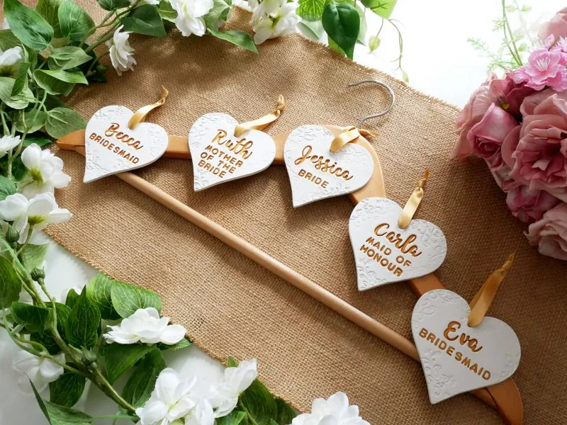 Personalised Wedding Day Heart Shaped Clay Dress Hanger Tags / Keepsake - Script and Block Font - Image 3