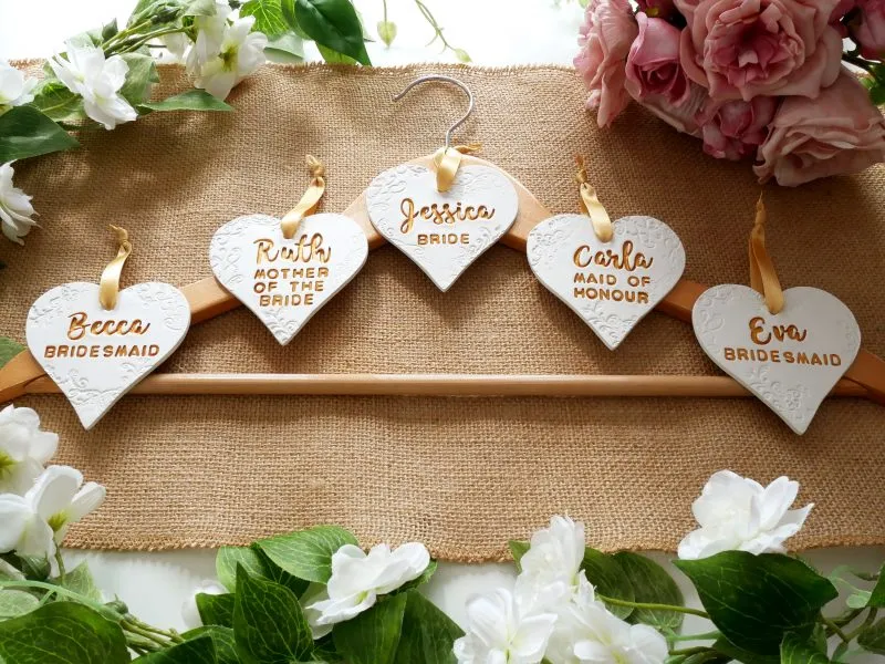 Personalised Wedding Day Heart Shaped Clay Dress Hanger Tags / Keepsake - Script and Block Font - Image 4