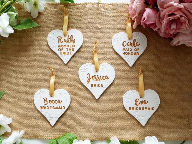 Personalised Wedding Day Heart Shaped Clay Dress Hanger Tags / Keepsake - Script and Block Font - Image 5