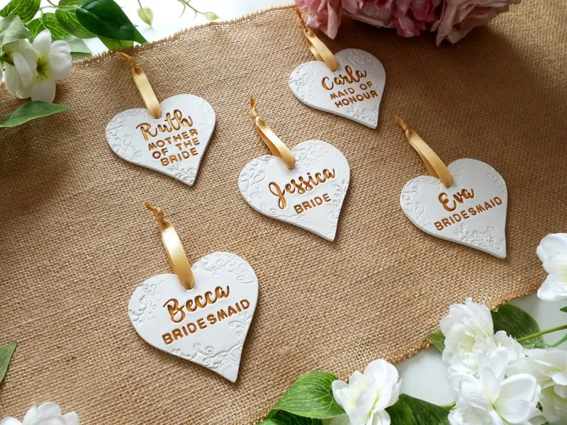 Personalised Wedding Day Heart Shaped Clay Dress Hanger Tags / Keepsake - Script and Block Font - Image 6