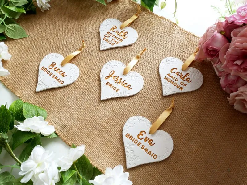 Personalised Wedding Day Heart Shaped Clay Dress Hanger Tags / Keepsake - Script and Block Font - Image 7