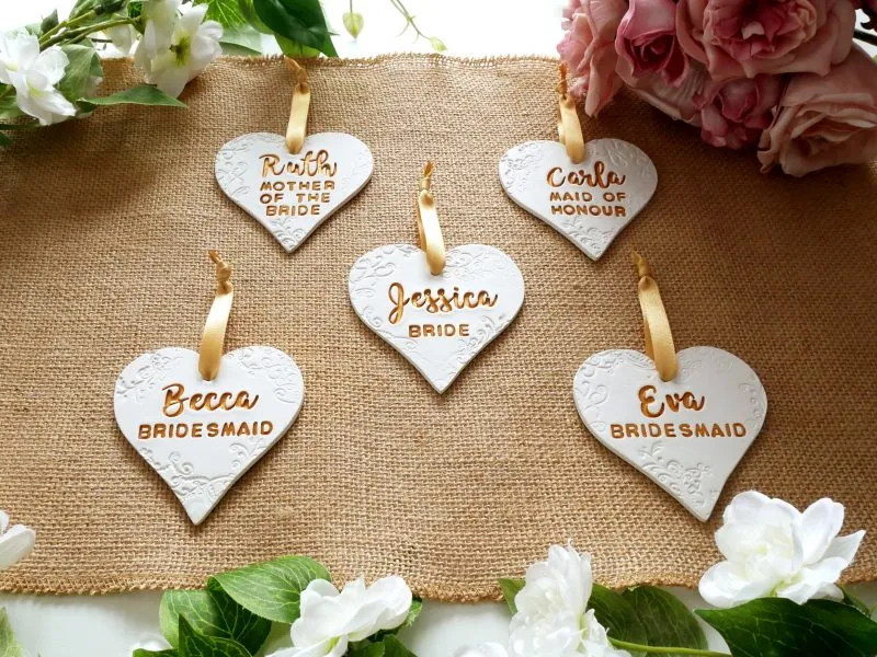 Personalised Wedding Day Heart Shaped Clay Dress Hanger Tags / Keepsake - Script and Block Font - Image 8