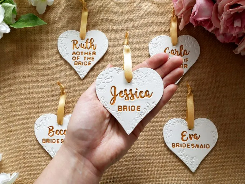 Personalised Wedding Day Heart Shaped Clay Dress Hanger Tags / Keepsake - Script and Block Font - Image 9