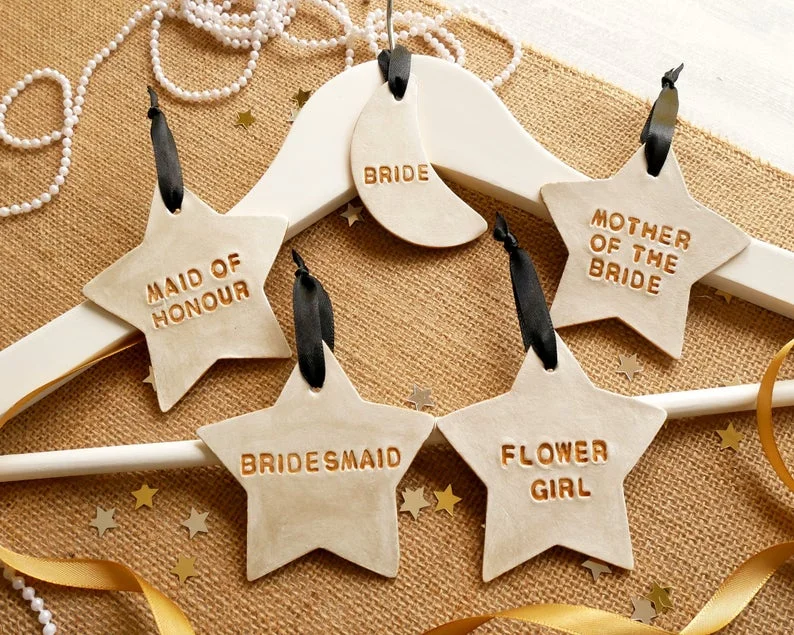 Moon and Star Shaped, Clay Wedding Day Hanger Tags / Keepsake